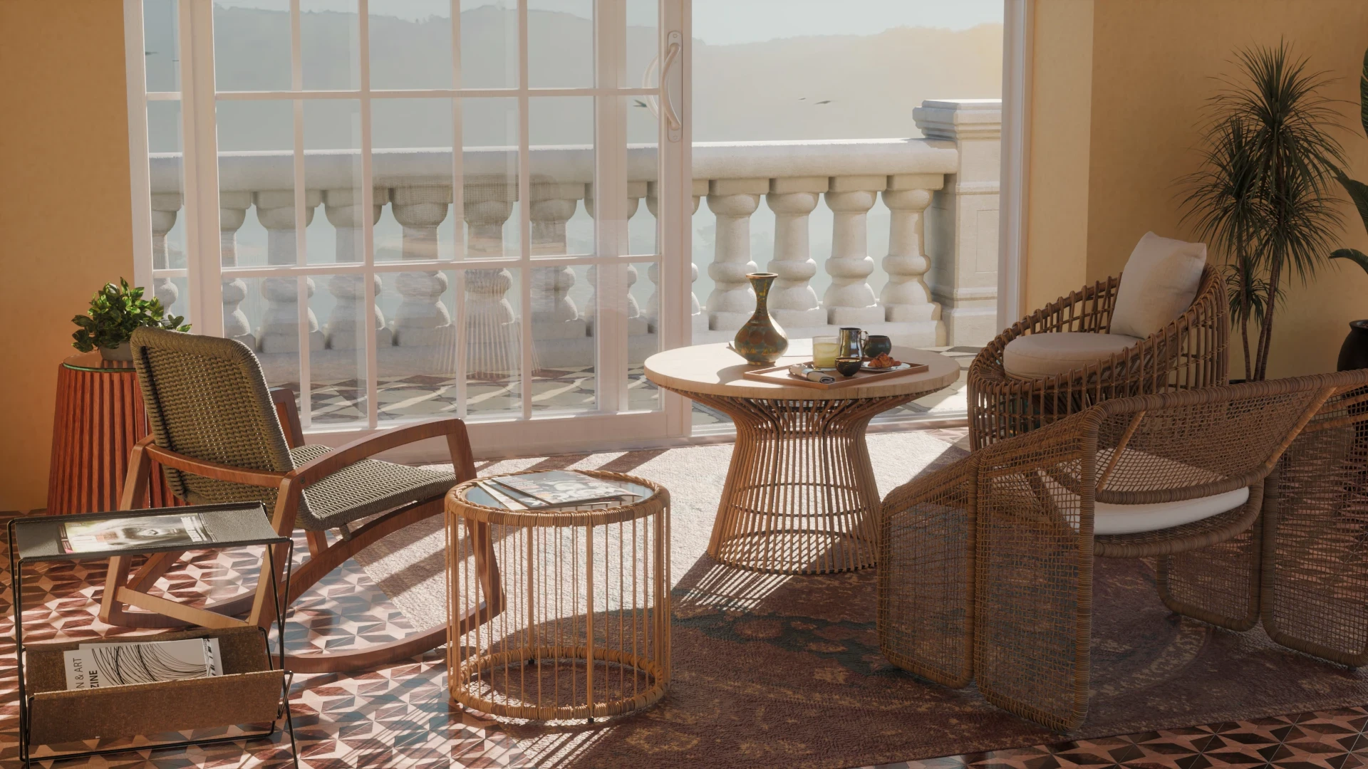 Furniture detail with rattan chairs